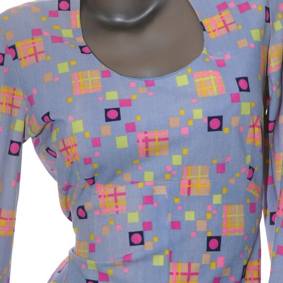 Neon Geo Art Dress Empire Waist Tie A-Line Tunic Vintage 70s Womens S/M - Picture 2 of 9